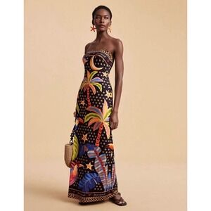 Black Tropical Toucan Strapless Maxi Dress Star Moon Palm Tree Large